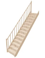 Detail view of straight wooden stairs with closed risers, natural spruce wood finish, model EGD 080RC