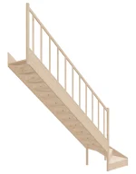 Detail view of left-hand wooden winder stairs with closed risers, natural spruce wood finish, model EQG 080RC
