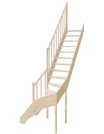 Right-turn wooden open-risers stairs L-shape EMQGL 065R by Sowosz. For self-assembly. Includes balustrade.