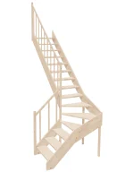 Right-turn wooden open-risers stairs L-shape EMQGL 070R by Sowosz. For self-assembly. Includes balustrade.