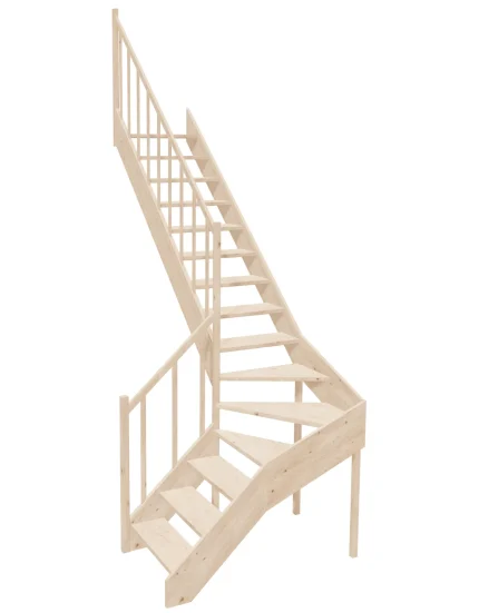 Right-turn wooden open-risers stairs L-shape EMQGL 070R by Sowosz. For self-assembly. Includes balustrade.