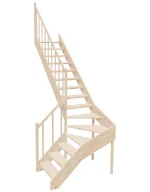 Right-turn wooden open-risers stairs L-shape EMQGL 075R by Sowosz. For self-assembly. Includes balustrade.