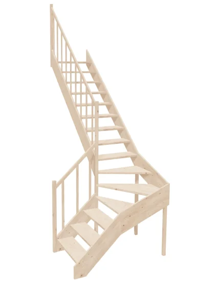 Right-turn wooden open-risers stairs L-shape EMQGL 075R by Sowosz. For self-assembly. Includes balustrade.