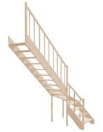 Right-turn wooden open-risers stairs L-shape EMQGL 075R by Sowosz. For self-assembly. Includes balustrade.