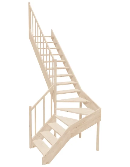 Right-turn wooden open-risers stairs L-shape EMQGL 080R by Sowosz. For self-assembly. Includes balustrade.