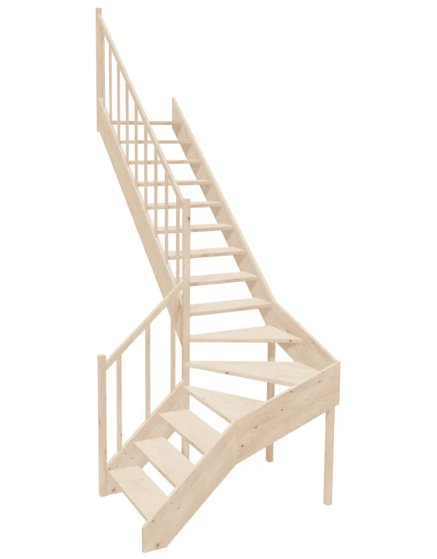 Right-turn wooden open-risers stairs L-shape EMQGL 080R by Sowosz. For self-assembly. Includes balustrade.