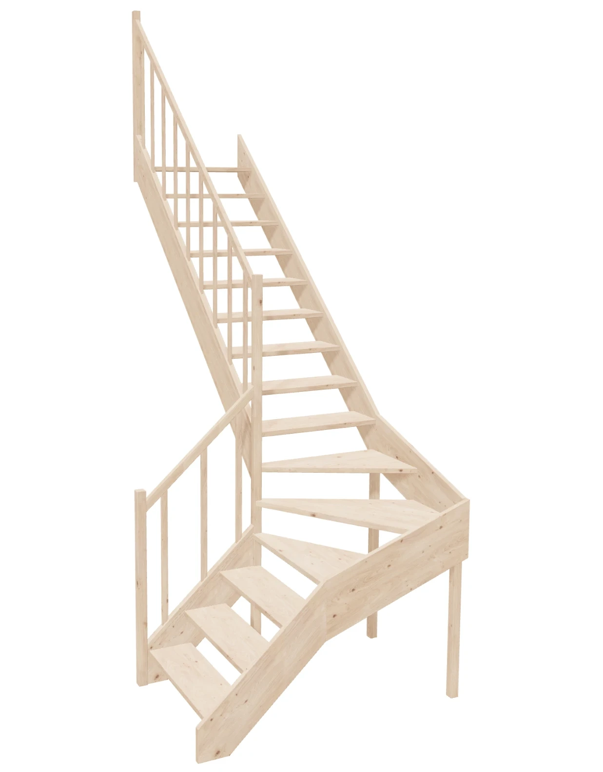 L-shaped-winder-stairs-open-riser-left-turn-EMQGL-080R-k46-1 Right-turn wooden open-risers stairs L-shape EMQGL 080R by Sowosz. For self-assembly. Includes balustrade.
