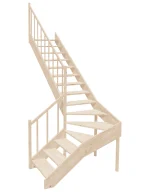 Right-turn wooden open-risers stairs L-shape EMQGL 085R by Sowosz. For self-assembly. Includes balustrade.