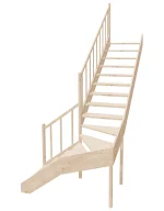 Right-turn wooden open-risers stairs L-shape EMQGL 090R by Sowosz. For self-assembly. Includes balustrade.