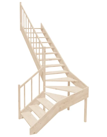 Right-turn wooden open-risers stairs L-shape EMQGL 095R by Sowosz. For self-assembly. Includes balustrade.