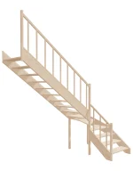 Right-turn wooden open-risers stairs L-shape EMQGL 095R by Sowosz. For self-assembly. Includes balustrade.