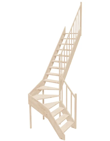 Right-turn wooden open-risers stairs L-shape EMQDL 065R by Sowosz. For self-assembly. Includes balustrade.