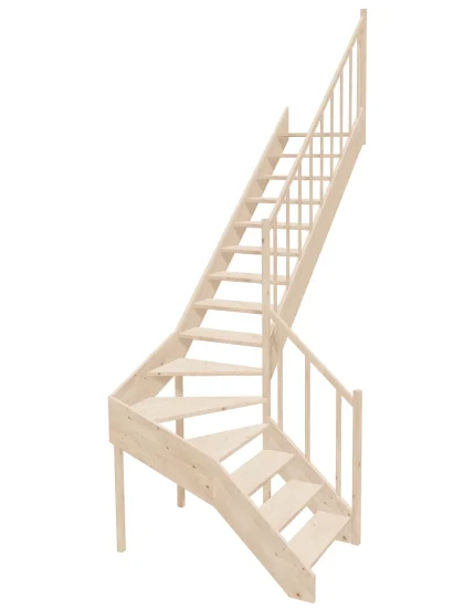 Right-turn wooden open-risers stairs L-shape EMQDL 075R by Sowosz. For self-assembly. Includes balustrade.