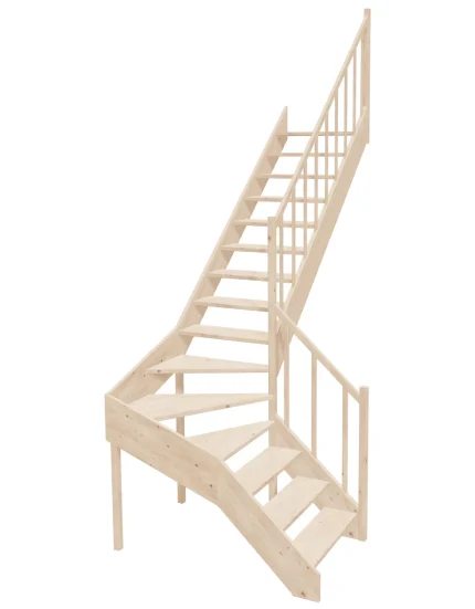Right-turn wooden open-risers stairs L-shape EMQDL 080R by Sowosz. For self-assembly. Includes balustrade.