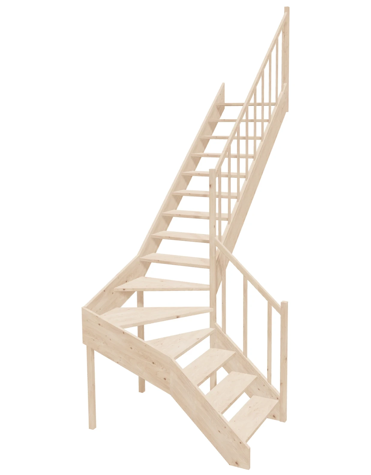 L-shaped-winder-stairs-open-riser-right-turn-EMQDL-080R-k46-1 Right-turn wooden open-risers stairs L-shape EMQDL 080R by Sowosz. For self-assembly. Includes balustrade.