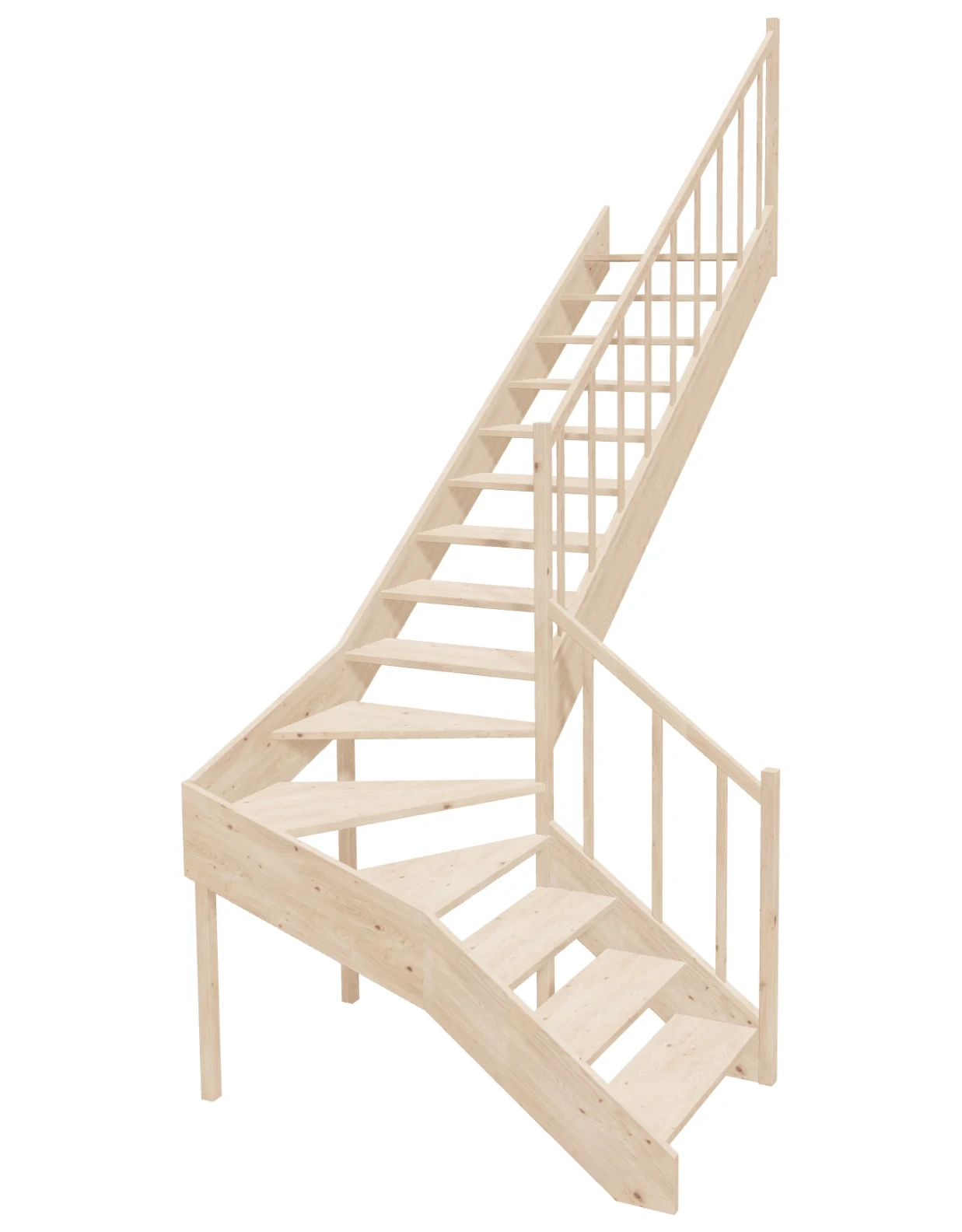 L-shaped-winder-stairs-open-riser-right-turn-EMQDL-085R-k40-1 Right-turn wooden open-risers stairs L-shape EMQDL 085R by Sowosz. For self-assembly. Includes balustrade.