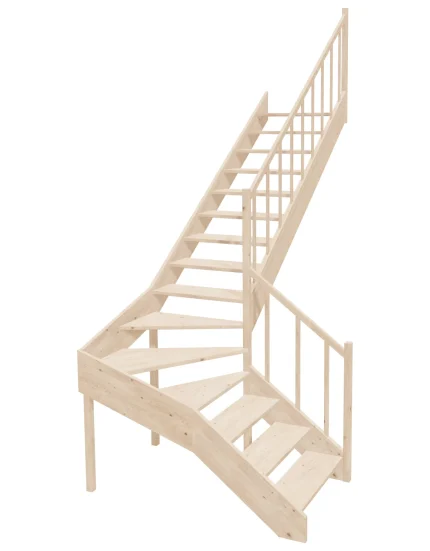 Right-turn wooden open-risers stairs L-shape EMQDL 090R by Sowosz. For self-assembly. Includes balustrade.