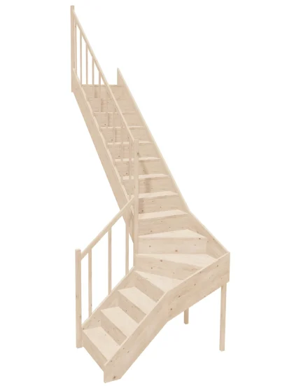 Left-turn wooden closed-risers stairs L-shape EQGL 070R by Sowosz. For self-assembly. Includes balustrade.