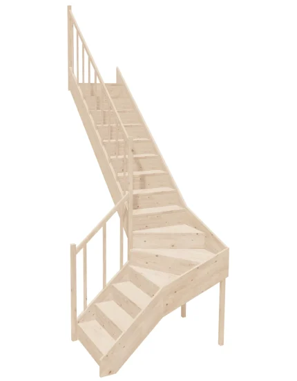 Left-turn wooden closed-risers stairs L-shape EQGL 075R by Sowosz. For self-assembly. Includes balustrade.