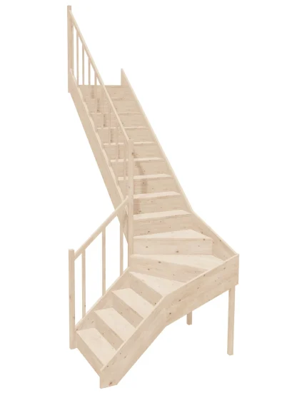 Left-turn wooden closed-risers stairs L-shape EQGL 080R by Sowosz. For self-assembly. Includes balustrade.