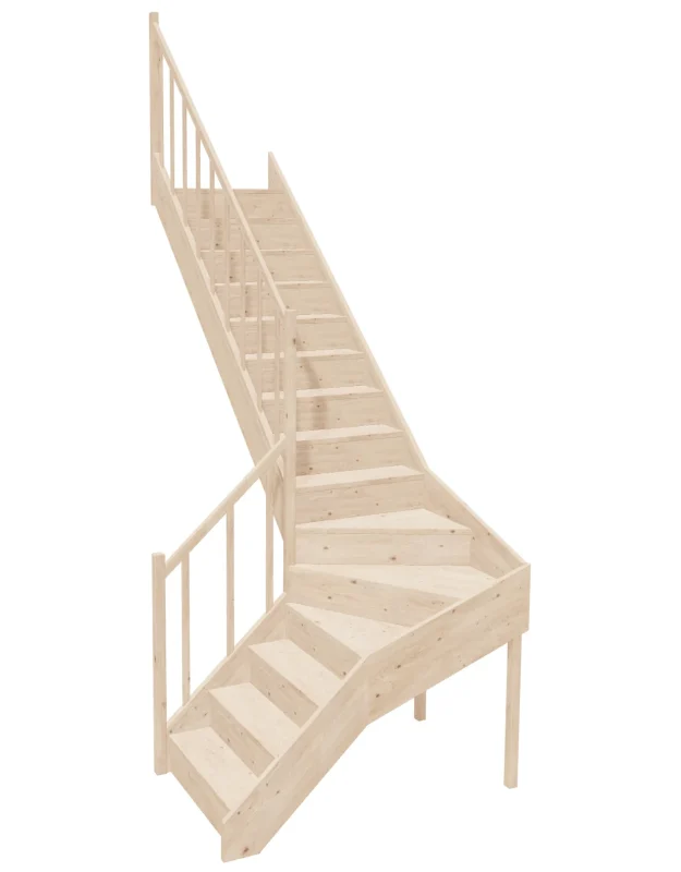 Left-turn wooden closed-risers stairs L-shape EQGL 080R by Sowosz. For self-assembly. Includes balustrade.