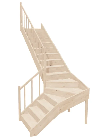 Left-turn wooden closed-risers stairs L-shape EQGL 095R by Sowosz. For self-assembly. Includes balustrade.