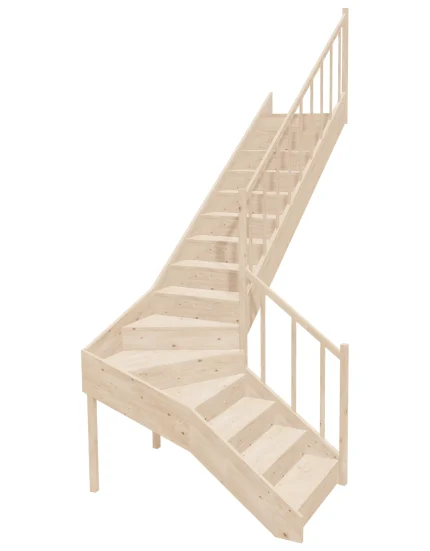 Right-turn wooden closed-risers stairs L-shape EQDL 085R by Sowosz. For self-assembly. Includes balustrade.