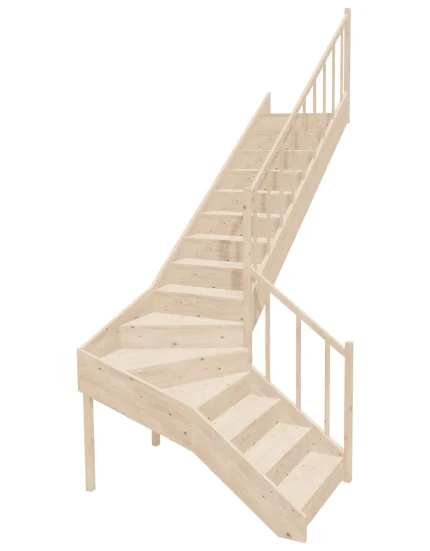 Right-turn wooden closed-risers stairs L-shape EQDL 090R by Sowosz. For self-assembly. Includes balustrade.