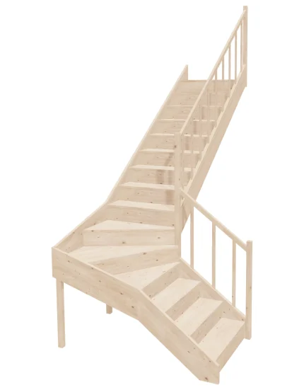 Right-turn wooden closed-risers stairs L-shape EQDL 095R by Sowosz. For self-assembly. Includes balustrade.