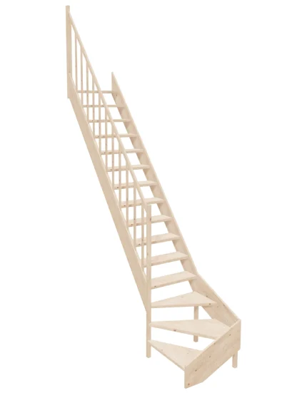 Wooden Left-Hand Stairs with Bottom Winder and Open Risers EMQG 065R by Sowosz. For self-assembly. Includes balustrade.
