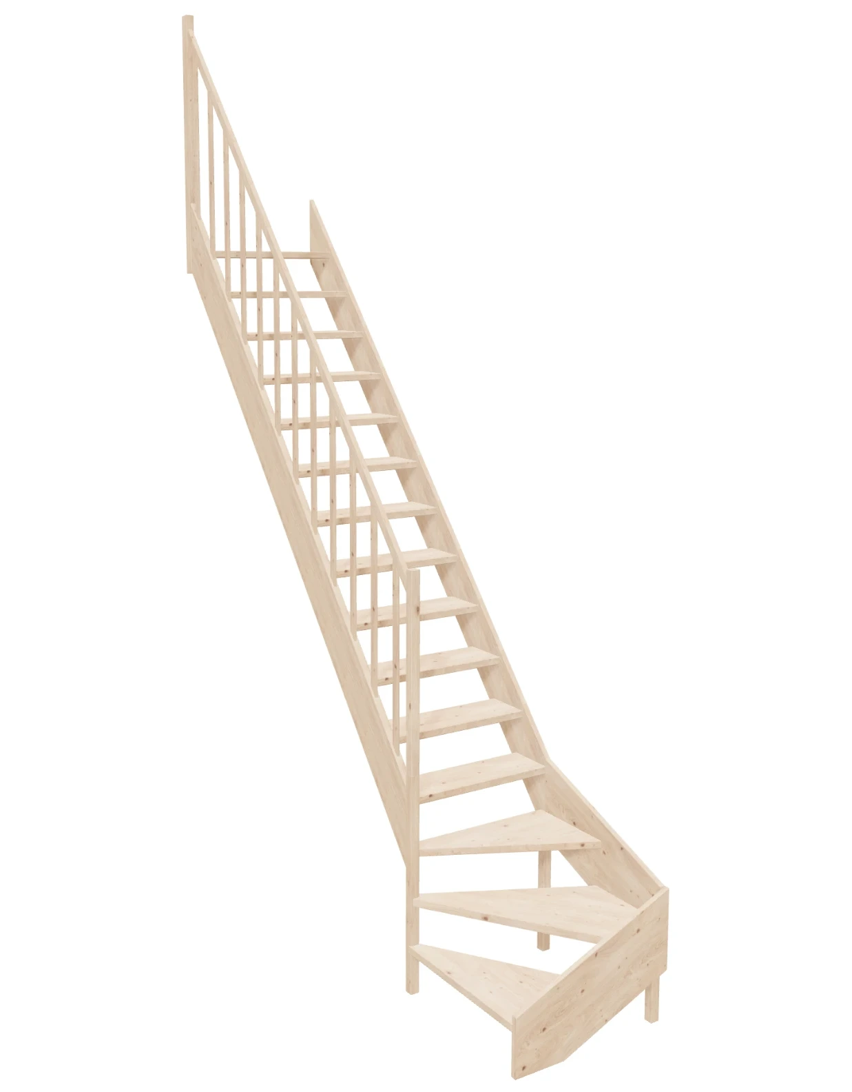Left-turn-winder-stairs-open-riser-EMQG-065R-k50-1 Wooden Left-Hand Stairs with Bottom Winder and Open Risers EMQG 065R by Sowosz. For self-assembly. Includes balustrade.