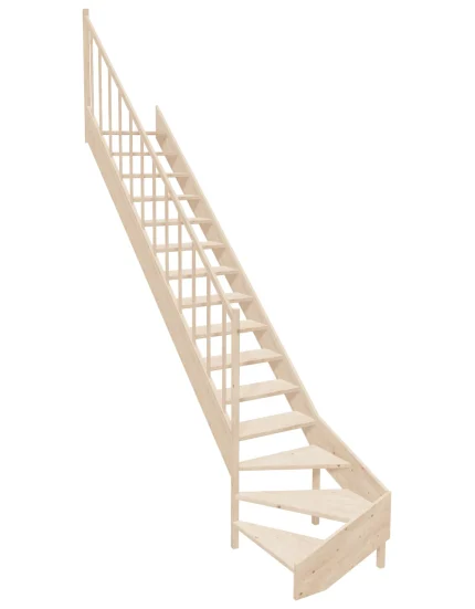 Wooden Left-Hand Stairs with Bottom Winder and Open Risers EMQG 070R by Sowosz. For self-assembly. Includes balustrade.