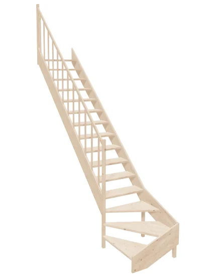 Wooden Left-Hand Stairs with Bottom Winder and Open Risers EMQG 075R by Sowosz. For self-assembly. Includes balustrade.