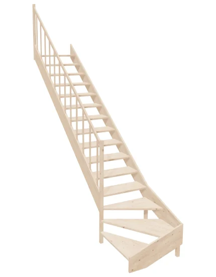 Wooden Left-Hand Stairs with Bottom Winder and Open Risers EMQG 085R by Sowosz. For self-assembly. Includes balustrade.