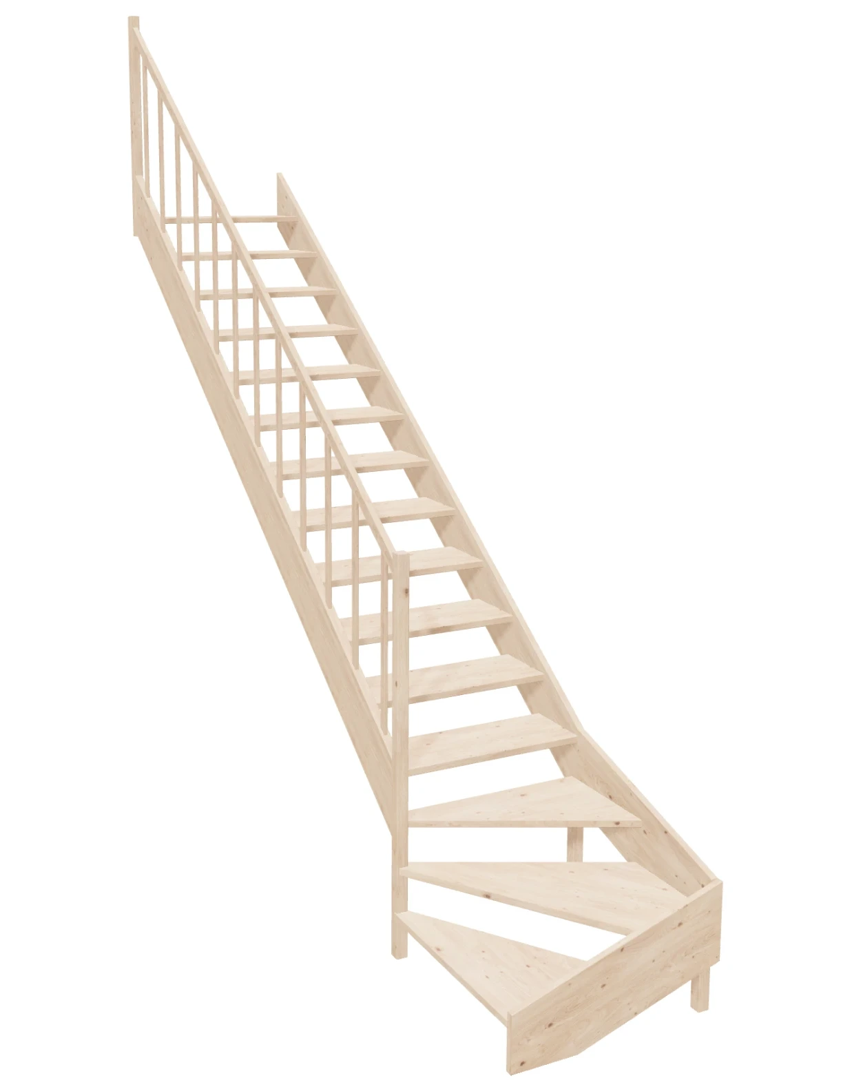 Left-turn-winder-stairs-open-riser-EMQG-085R-k40-1 Wooden Left-Hand Stairs with Bottom Winder and Open Risers EMQG 085R by Sowosz. For self-assembly. Includes balustrade.
