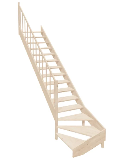 Wooden Left-Hand Stairs with Bottom Winder and Open Risers EMQG 090R by Sowosz. For self-assembly. Includes balustrade.