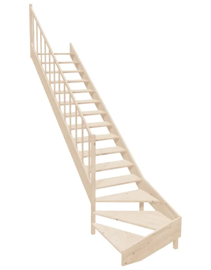 Wooden Left-Hand Stairs with Bottom Winder and Open Risers EMQG 095R by Sowosz. For self-assembly. Includes balustrade.