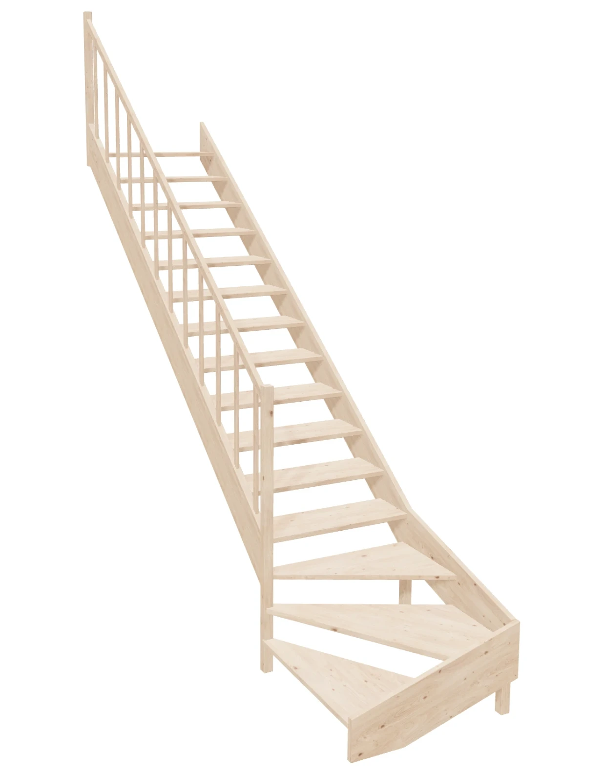 Left-turn-winder-stairs-open-riser-EMQG-095R-k40-1 Wooden Left-Hand Stairs with Bottom Winder and Open Risers EMQG 095R by Sowosz. For self-assembly. Includes balustrade.