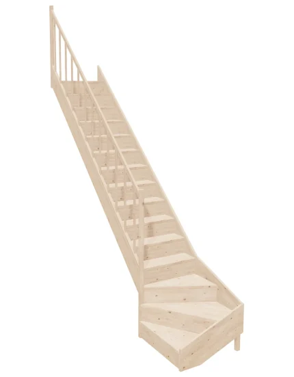 Wooden Left-Hand Stairs with Bottom Winder and Closed Risers EQG 075R by Sowosz. For self-assembly. Includes balustrade.