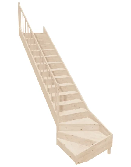 Wooden Left-Hand Stairs with Bottom Winder and Closed Risers EQG 095R by Sowosz. For self-assembly. Includes balustrade.