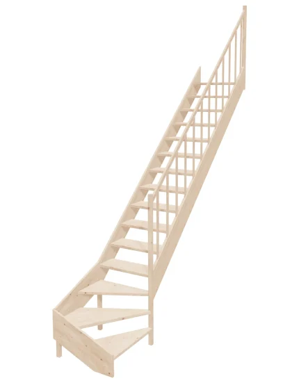 Wooden Right-Hand Stairs with Bottom Winder and Open Risers EMQD 070R by Sowosz. For self-assembly. Includes balustrade.