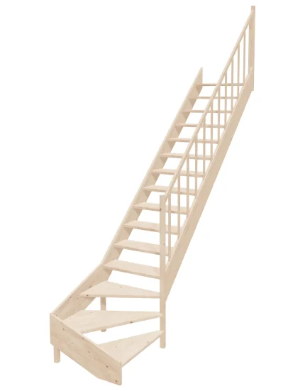 Wooden Right-Hand Stairs with Bottom Winder and Open Risers EMQD 080R by Sowosz. For self-assembly. Includes balustrade.
