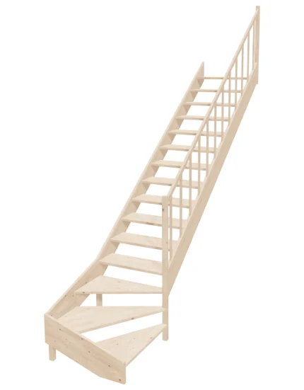 Wooden Right-Hand Stairs with Bottom Winder and Open Risers EMQD 090R by Sowosz. For self-assembly. Includes balustrade.