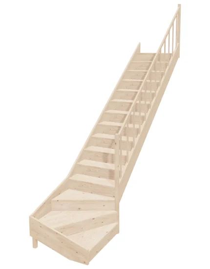 Wooden Right-Hand Stairs with Bottom Winder and Closed Risers EQD 095R by Sowosz. For self-assembly. Includes balustrade.