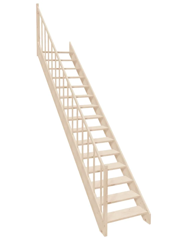 Straight wooden open-risers stairs EAD 080R by Sowosz. For self-assembly. Includes balustrade.
