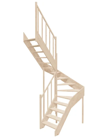 Left-turn wooden open-risers stairs U-shape EMQG 130R by Sowosz. For self-assembly. Includes balustrade.