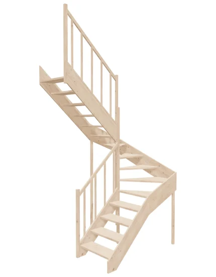 Left-turn wooden open-risers stairs U-shape EMQG 140R by Sowosz. For self-assembly. Includes balustrade.