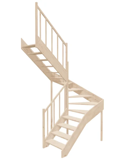 Left-turn wooden open-risers stairs U-shape EMQG 150R by Sowosz. For self-assembly. Includes balustrade.