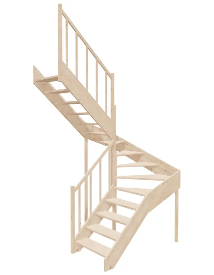Left-turn wooden open-risers stairs U-shape EMQG 160R by Sowosz. For self-assembly. Includes balustrade.