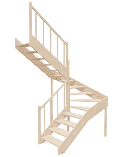 Left-turn wooden open-risers stairs U-shape EMQG 170R by Sowosz. For self-assembly. Includes balustrade.